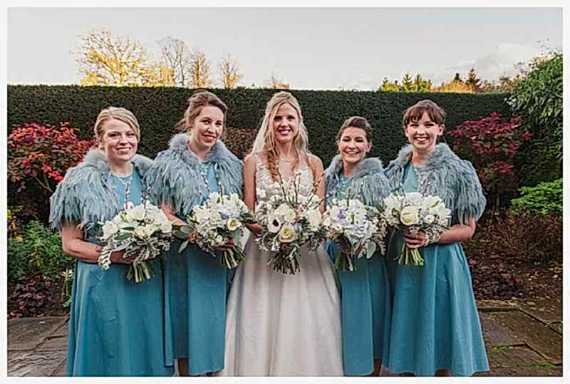 boho spring bridesmaids and bridal bouquets against cool blue bridesmaids dresses, from wedding at great fosters